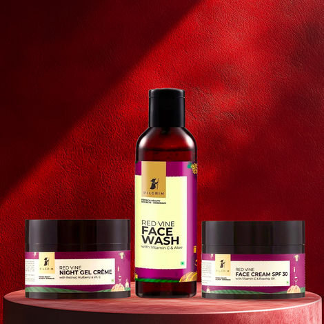 Buy Pilgrim Skincare Essentials (Red Vine Face Wash (100 ml) + Red Vine Face Cream SPF 30 (50 gm) + Red Vine Night Gel Creme (50 gm)-Purplle