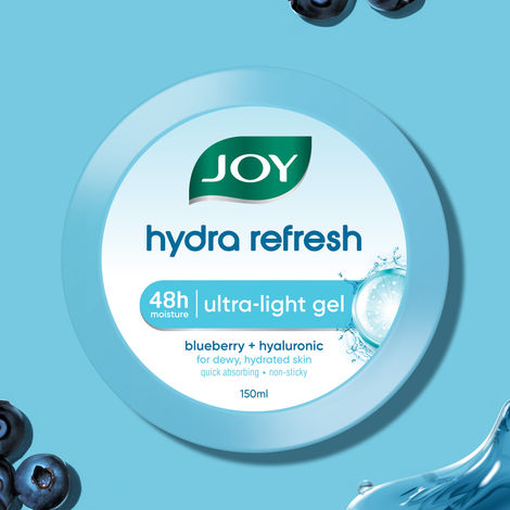 Buy Joy Hydra Refresh Ultra-Light Gel | 48 Hours Hydration | Oil Free Moisturiser | with Hyaluronic Acid | Super Light Gel for Oily, Dry & Combination Skin | For Face & Body, 150 ml-Purplle