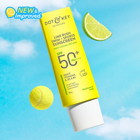 Buy Dot & Key Lime Rush Swim + Sports Sunscreen SPF 50+, PA++++ with 180 mins water resistant | Sports Sunscreen with Multivitamins E, B3 & B5 | Suitable for All Skin Types, prevents tanning & sweat resistant | 50 gm-Purplle