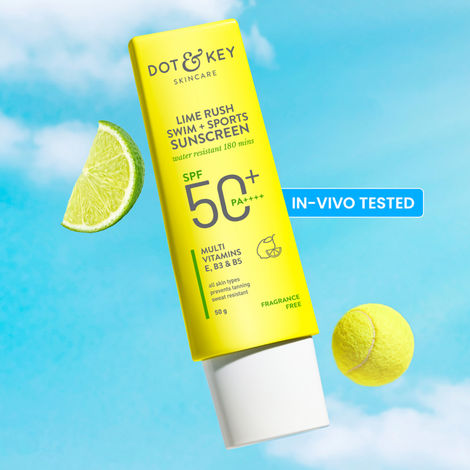 Buy Dot & Key Lime Rush Swim + Sports Sunscreen SPF 50+, PA++++ with 180 mins water resistant | In ViVo Tested Sports Sunscreen with Multivitamins E, B3 & B5 | Suitable for All Skin Types, prevents tanning & sweat resistant | 50 gm-Purplle