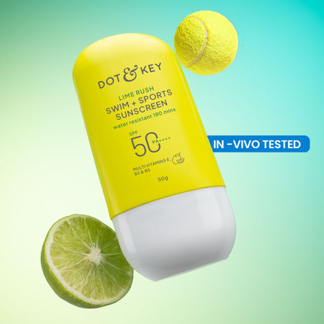 Buy Dot & Key Lime Rush Swim + Sports Sunscreen SPF 50+, PA++++ with 180 mins water resistant | In ViVo Tested Sports Sunscreen with Multivitamins E, B3 & B5 | Suitable for All Skin Types, prevents tanning & sweat resistant | 50 gm-Purplle