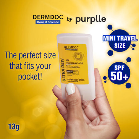 Buy DERMDOC SPF 50 1% Hyaluronic Acid Mini Sunscreen Stick (13 gm) | Sunblock | PA +++ I Dewy Finish I Easy Application I Travel Friendly | Non-Comedogenic-Purplle