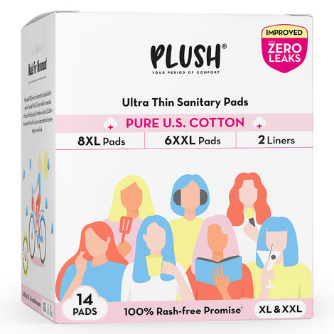 Buy Plush Ultra-Thin Sanitary Pads For Women, 14 Cotton Sanitary Napkins | 6 Heavy Flow XXL pads + 8 Medium Flow XL pads + 2 Panty Liners For Rash Free Periods | Pure U.S. Cotton Pads With Disposable Pouch-Purplle