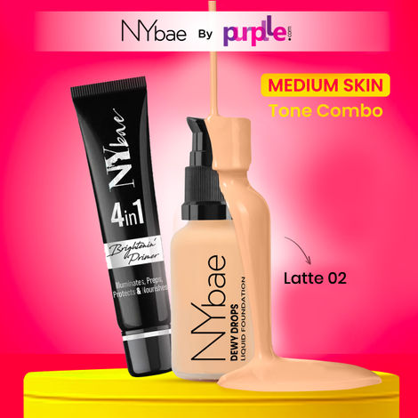 Buy NY Bae Prime & Dewy Fair Face Combo | Korean Glow | Brightening Primer-Gold Shimmer(15g) | Minimizes Pores | Long Lasting | Dewy Foundation(30ml) | Latte 02 | Skin Tint-Purplle