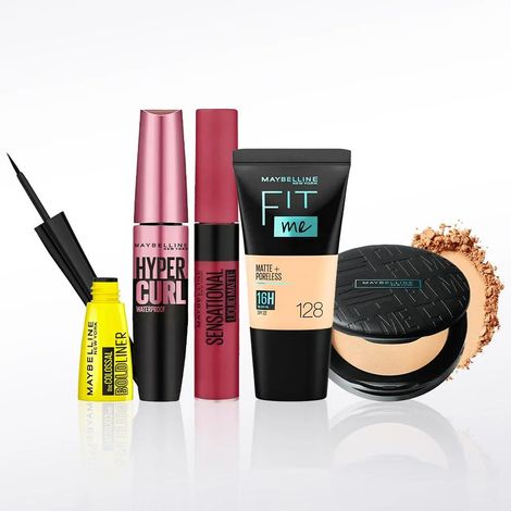 Buy Maybelline NewYork Party Diva Essentials 1 | Fit Me Compact 128(6g) | Fit Me Liquid Foundation Tube 128(18ml) | Hypercurl Mascara Waterproof Very Black (9.2 g)| Colossal Bold Eyeliner Black(3g) | Sensational Liquid Lipstick Touch Of Spice (7 ml)-Purplle