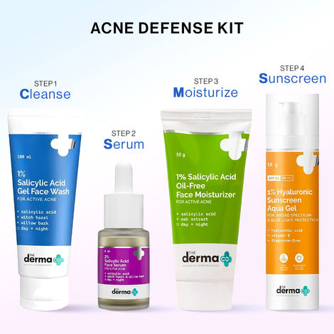Buy The Derma Co. Acne Defense CSMS Combo : Salicylic Acid Daily Face Wash (100 ml) + 2% Salicylic Acid Face Serum (8 ml) + Salicylic Acid Oil-Free Daily Moisturizer (50 g) + Hyaluronic Sunscreen Aqua Gel (50g)-Purplle
