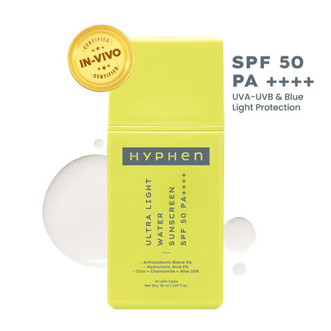 Buy Hyphen 1% Hyaluronic Acid Ultra Light Water Sunscreen SPF50 PA ++++ | In-Vivo Tested | Broad Spectrum & Blue Light Protection - 50 ml-Purplle