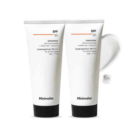 Buy Minimalist SPF 50 Sunscreen with niacinamide + vitamin b5 + vitamin f broad spectrum PA++++ for all skin types 50g Pack Of 2-Purplle