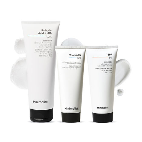 Buy Minimalist Daily AM Combo (Salicylic acid & LHA 2% Body Wash 200 ml +10% Vitamin B5 Oil Free Moisturizer 50 gm +SPF 50 Sunscreen 50 gm)-Purplle