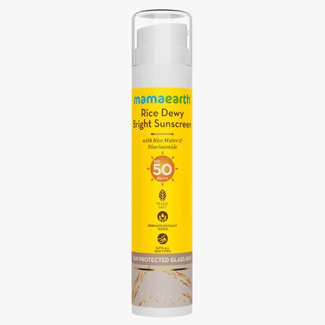 Buy Mamaearth Rice Dewy Bright Sunscreen with Rice Water & Niacinamide| Gives SPF50 & PA++++ Protection | For Glass Skin Glow | Evens Skin Tone | Tan,UVA & UVB Protection | No White Cast | All Skin Types - 50 gm-Purplle