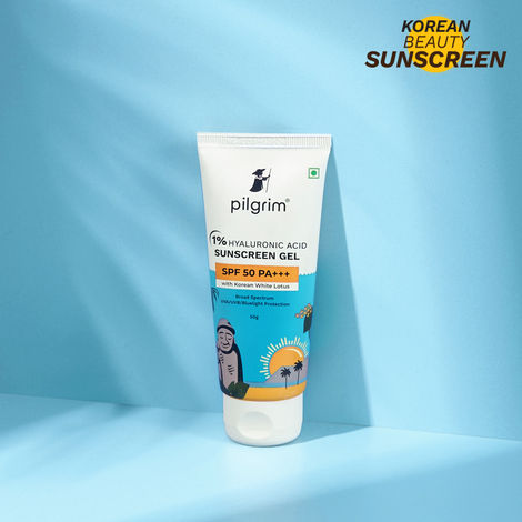 Buy Pilgrim 1% Hyaluronic Acid Sunscreen Gel With SPF 50+++, 50 gm, with Korean White Lotus, Light Aqua Gel Forumla, No White-Cast for UVA/B Rays & Blue Light Protection, for All Skin Types-Purplle