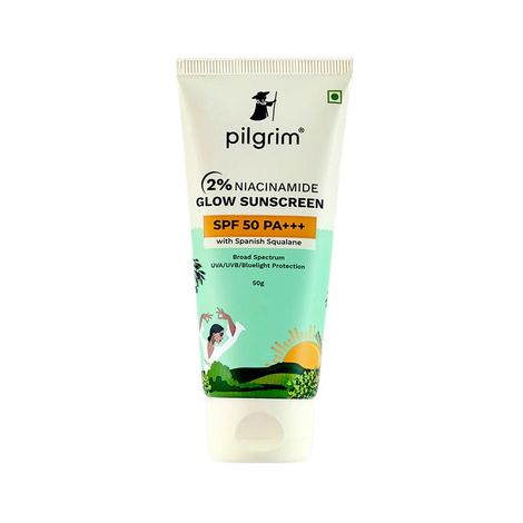 Buy Pilgrim 2% Niacinamide Glow Sunscreen With SPF 50+++, 50 gm, with Spanish Squalane & Alpha Arbutin, Enhances Glow & Prevents Tanning, No White-Cast for UVA/B Rays & Blue Light Protection, for All Skin Types-Purplle