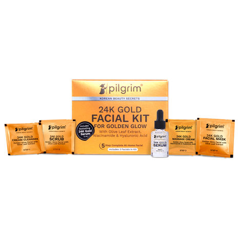 Buy Pilgrim 24K GOLD FACIAL KIT For Instant Radiance & Golden Glow with 5 easy steps, with Gold Cream Cleanser, Gold Scrub, Gold Massage Cream, Gold Facial Mask, Gold Serum, All Skin types-Purplle