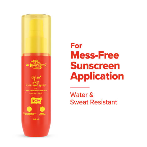 Buy Aqualogica Detan+ Dewy Sunscreen Spray SPF 50+ PA++++ UVA/B Protection I Hydrating & Sweat Resistant I Lightweight & Quick Absorbing I No White Cast - 100 ml Non Comedogenic IFor Men & Women | Oxybenzone Free | Mess-Free Application-Purplle
