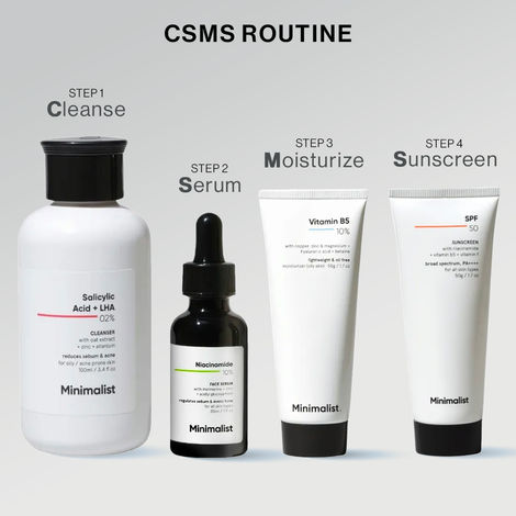 Buy Minimalist CSMS Combo: Face Wash (100 ml) + Serum(30 ml) + Moisturizer (50 gm) + Sunscreen (50 ml)-Purplle