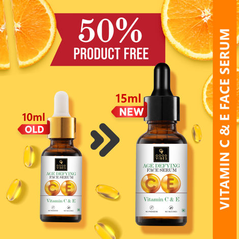 Buy Good Vibes Vitamin C & E Age Defying Face Serum | Free 50% Product Extra | Fast Absorption | With Orange | No Parabens, No Silicones, No Sulphates, No Animal Testing (15 ml)-Purplle