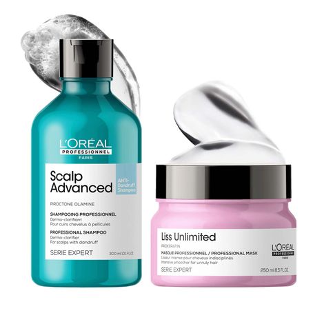 Buy L'Oreal Professionnel Scalp Advanced Anti-Dandruff Dermo-Clarifier Shampoo + Combo of Serie Expert Liss Unlimited Mask (300 ml + 250 gm)-Purplle