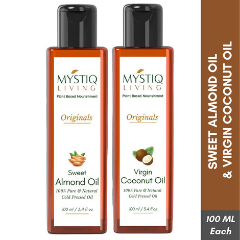 Buy Mystiq Living Sweet Almond Oil & Extra Virgin Coconut Oil Combo 200ML (Pack of 2) -100 ML Each for Hair, Skin, & Baby Massage, Badam Rogan Shirin for Glowing Skin, Almond oil for Face, Facial oil, Cold Pressed, 100% Pure & Natural-Purplle