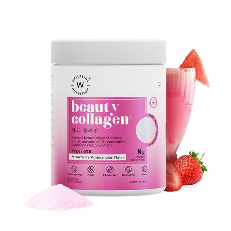 Buy Wellbeing Nutrition Beauty Korean Marine Collagen Peptides with Type I & III Strawberry Watermelon,250 gm-Purplle