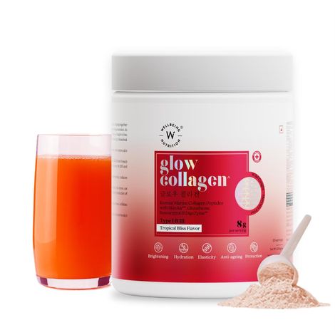 Buy Wellbeing Nutrition Glow Korean Marine Collagen Peptides with SkinAx²™, Glutathione, Resveratrol, DigeZyme™ & Goji Berry for Anti-aging, Hydration & Skin Brightening | Tropical Bliss Flavor - 250g-Purplle