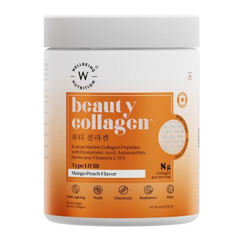 Buy Wellbeing Nutrition Beauty Korean Marine Collagen Peptides with Hyaluronic Acid, Rosehip, Astaxanthin, Biotin & Vitamins C & E for Hair, Nails, Skin Radiance & Anti-Aging | Mango Peach Flavor - 250 gm-Purplle