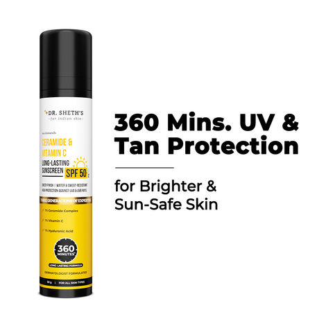 Buy Dr. Sheth's Ceramide & Vitamin C Long lasting Sunscreen SPF 50+ PA++++ UV & Tan Protection | 360 Mins* Long Lasting Formula |No White Cast, Water & Sweat-Resistant | Non-Greasy & Quick-Absorbing | For Women & Men | 50 gm-Purplle