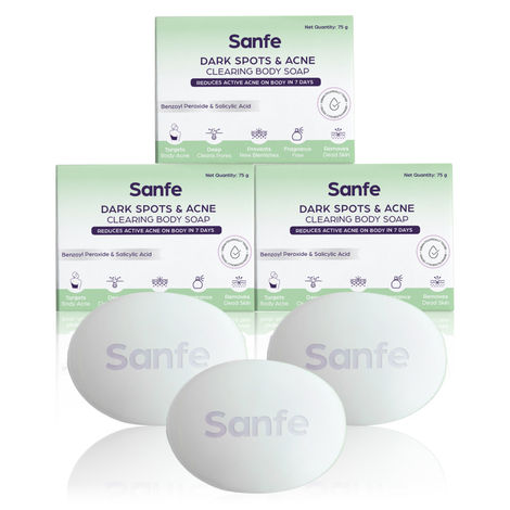 Buy Sanfe Dark Spots & Acne Clearing Body Soap | Prevents Body Acne, Bumpy Skin & Fades Dark Spots | Salicylic Acid, Benzoyl Peroxide | Non Drying Formula | 75 gm pcs (Pack of 3)-Purplle