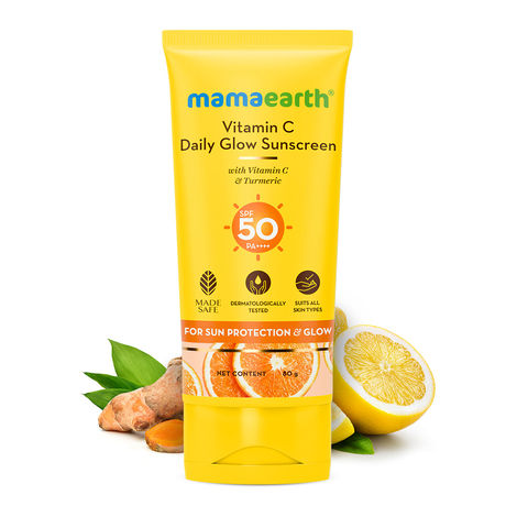 Buy Mamaearth Vitamin C Daily Glow Sunscreen SPF 50 PA+++, No White Cast with Vitamin C & Turmeric, lightweight, for Sun Protection & Glow - 80 g-Purplle