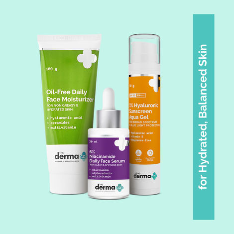 Buy The Derma Co. Nia Hydra Trio: Niacinamide Serum, Hyaluronic Moisturizer, Hyaluronic Sunscreen for Hydrated, Balanced Skin Combo of 3-Purplle