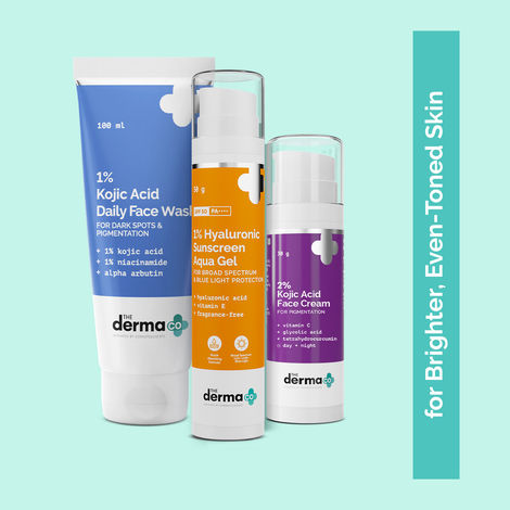 Buy The Derma Co. Kojic Cleanse & Glow Set: Kojic Facewash & Moisturizer + Hyaluronic Sunscreen for Brighter, Even-Toned Skin Combo of 3-Purplle
