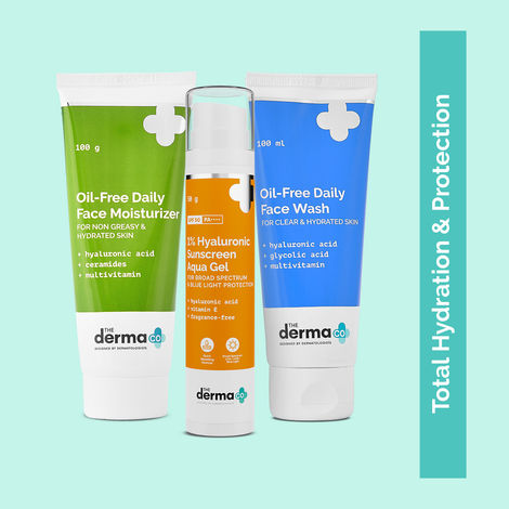 Buy The Derma Co. Hyaluronic Triple Treat: Oil-Free Daily Face Wash & Moisturizer with Hyaluronic Acid + Hyaluronic Sunscreen for Total Hydration & Protection Combo of 3-Purplle