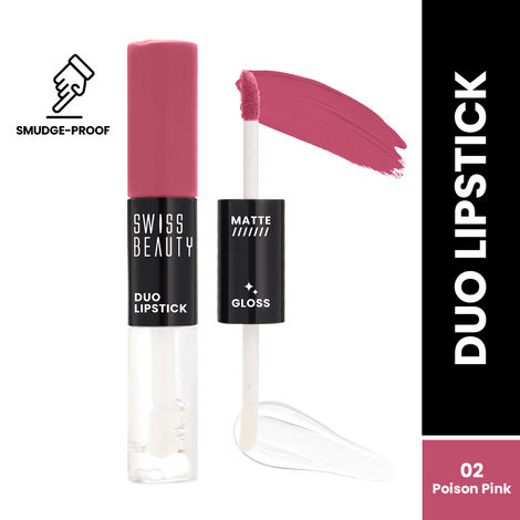 Buy Swiss Beauty Duo Lipstick Matte Finish & Smudge-Proof Liquid Lipstick with Transparent Lip-gloss | Transfer -Proof and Long lasting 2- Poison Pink-Purplle