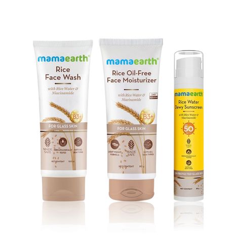 Buy Mamaearth Glass Skin Essentials Combo: Rice Face Wash (100 ml) + Rice Oil-Free Face Moisturizer (80 gm) + Rice Water Dewy Sunscreen (50 gm)-Purplle