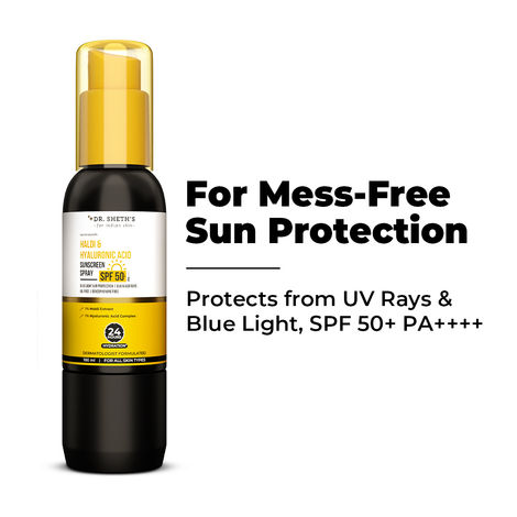 Buy Dr. Sheth's Haldi & Hyaluronic Acid Sunscreen Spray 100 ml | SPF 50+ PA++++ | Lightweight I Non-Greasy I Easy To Apply | 24 hours Hydration I Non Comedogenic IFor Men & Women | Benzophenone Free | Mess-Free Application-Purplle