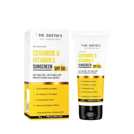 Buy Dr. Sheth's Ceramide & Vitamin C Sunscreen SPF 50+ PA+++| One-step Routine For Healthy & Bright Skin| NON-STICKY | NO WHITE CAST I Non-Greasy, Quick-Absorbing | Zero White Cast | For Women & Men | UVA UVB Sun Protection | 30 gm - 30 g-Purplle