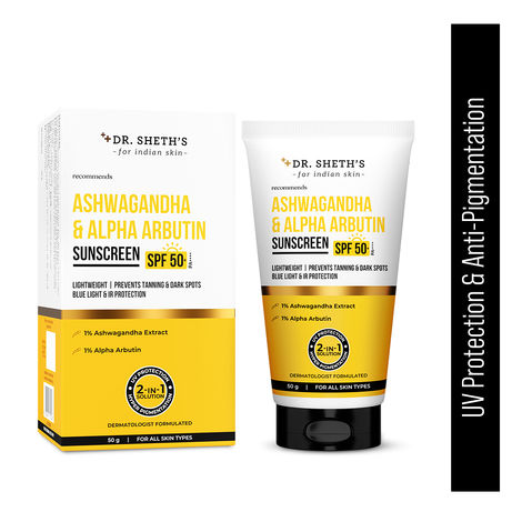 Buy Dr. Sheth's Ashwagandha & Alpha Arbutin Sunscreen SPF 50+ PA++++ | 2 in 1 Solution for Hyper Pigmentation and UV Protection | Anti Tan & Dark Spots | No White Cast, Non-Greasy & Quick-Absorbing | 50 gm-Purplle