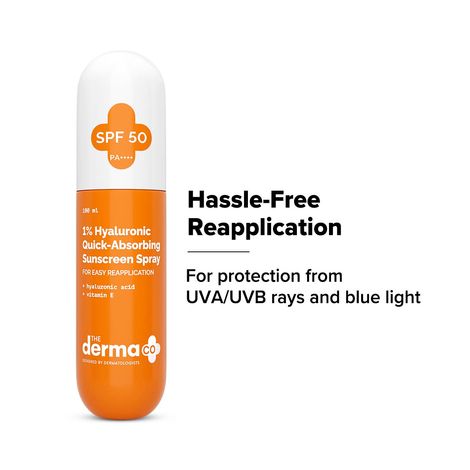 Buy The Derma Co. 1% Hyaluronic Quick-Absorbing Sunscreen Spray | Hyaluronic Acid & Vitamin E | SPF 50 & PA++++ | No White Cast | Hydrating Fluid | Easy Reapplication | Face & Body | All Skin Types - 100 ml-Purplle