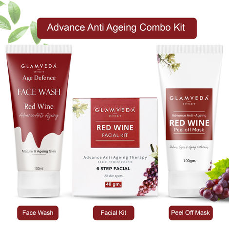 Buy Glamveda Red Wine Advance Anti Ageing Combo Gift Pack | Reduces signs of ageing | Face Wash, Facial Kit & Peel Off Mask 240 gm-Purplle