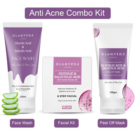 Buy Glamveda Glycolic & Salicylic Acid Anti Acne Combo Gift Pack | For Oily & Acne Prone Skin | Face Wash, Facial Kit & Peel Off Mask 240 gm-Purplle