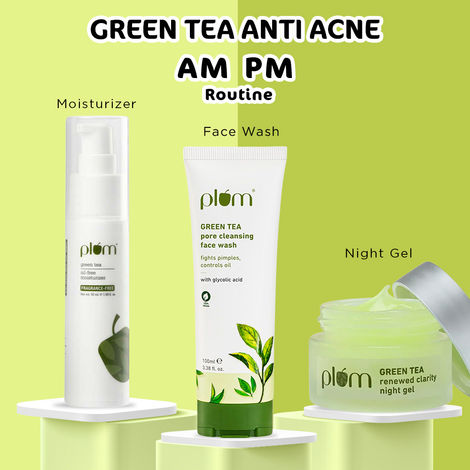 Buy Plum Green Tea Anti Acne AM PM Routine: Face Wash (100 ml) + Moisturizer (50 ml) + Night Gel (50 ml)-Purplle