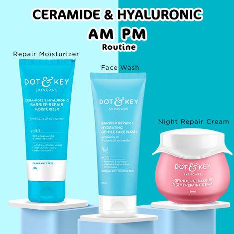 Buy Dot & Key Ceramide & Hyaluronic AM PM Routine:Face Wash (100 ml) + Face Cream (100 gm) + Retinol Night Cream (60 ml)-Purplle