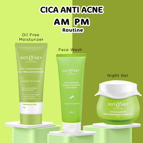 Buy Dot & Key Cica Anti Acne AM PM Routine: Face Wash (100 ml) + Moisturizer (50 gm) + Retinol + Ceramide Night Cream (60 ml)-Purplle