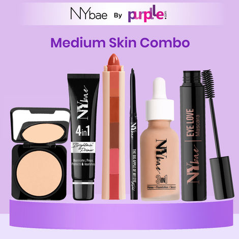 Buy NY Bae Makeup Essentials Kit - Medium Skin |Black Kajal | Volumising Mascara | 5 in 1 Lipstick | Brightening Primer | Compact | Serum Foundation - Warm Cashew-Purplle