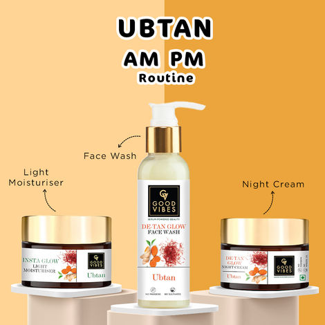 Buy Good Vibes Ubtan AM PM Routine: De Tan Glow Face Wash (120 ml) + Insta Glow Moisturizer (50 gm) + De-Tan Glow Night Cream (50 gm)-Purplle