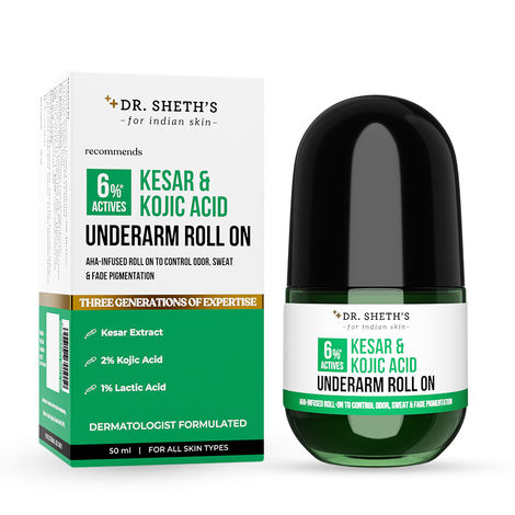 Buy Dr. Sheth's Kesar & Kojic Acid Underarm Roll On - 50 ml | AHA-Infused Roll On To Control Odor & Sweat & Fade Pigmentation | With 6%* Actives-Purplle