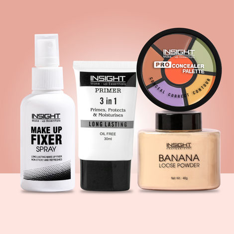 Buy Insight Cosmetics Flawless Base Kit: Banana Loose Powder, 40g + 3 In 1 Long Lasting Primer (30 ml) + Pro Concealer Palette + Makeup Fixer Spray 75 ml-Purplle