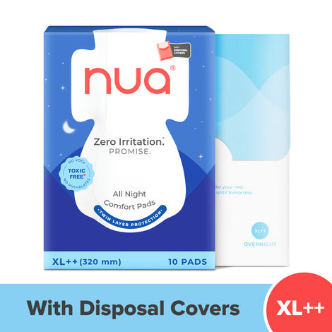 Buy Nua All Night Comfort Sanitary Pads | Pack of 10 (XL++ 320mm) | Twin Layer Protection | 50% Wider Back and Anti Stain Wings | Upto 10 Hours of Absorption | Super Soft and Breathable | No Rashes | 100% Toxic-Free-Purplle
