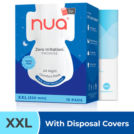 Buy Nua All Night Comfort Sanitary Pads | Pack of 10 (XL++ 320mm) | Twin Layer Protection | 50% Wider Back and Anti Stain Wings | Upto 10 Hours of Absorption | Super Soft and Breathable | No Rashes | 100% Toxic-Free-Purplle