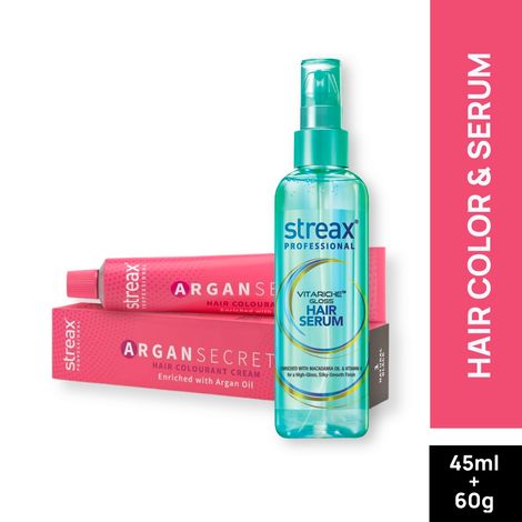 Buy Streax Professional Vitariche Gloss Hair Serum + Argan Secret Hair Colourant Cream - Natural Black 1 (45 ml + 60 g )-Purplle