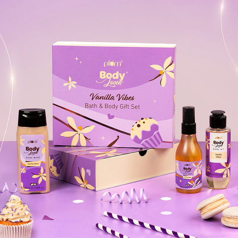 Buy Plum BodyLovin' Vanilla Vibes Bath & Body Gift Set | Body Wash | Body Mist | Body Oil | Long-Lasting Warm Vanilla Fragrance | Gift Set For Women | Pack Of 3-Purplle